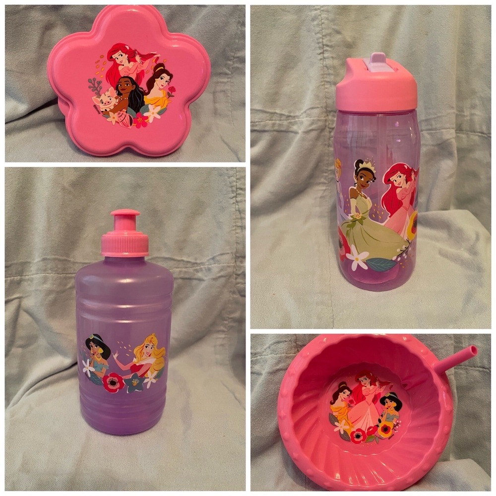 NEW Set of 4 Disney Princess Water Bottles Bowl‎ & Container Ariel Tiana Belle